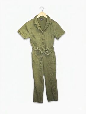 Skies Are Blue Olive Green Utility Jumpsuit - Size S Cotton Stretch Boiler Suit